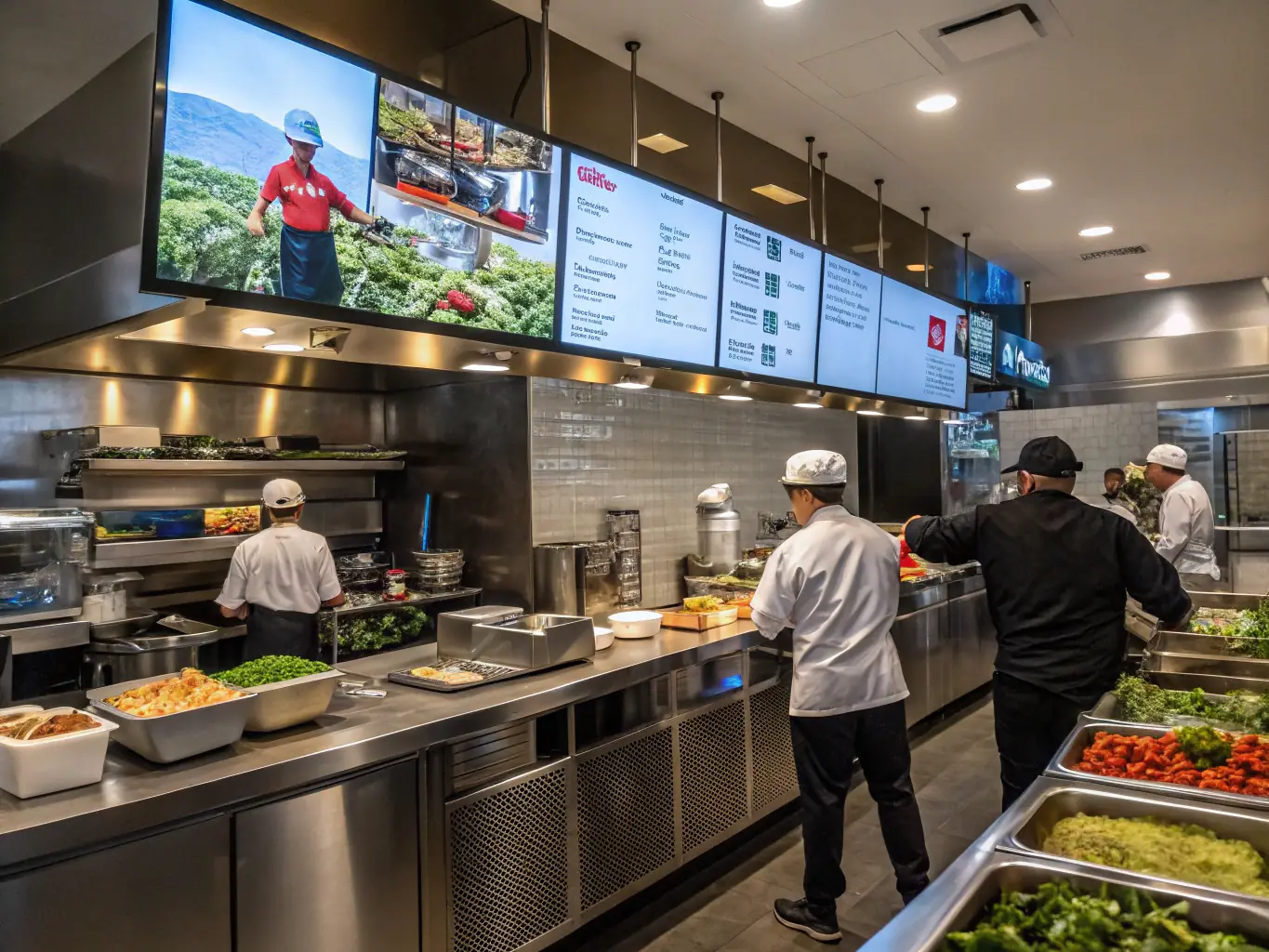 A restaurant kitchen with AI-driven inventory management system, optimizing stock levels and reducing food waste.