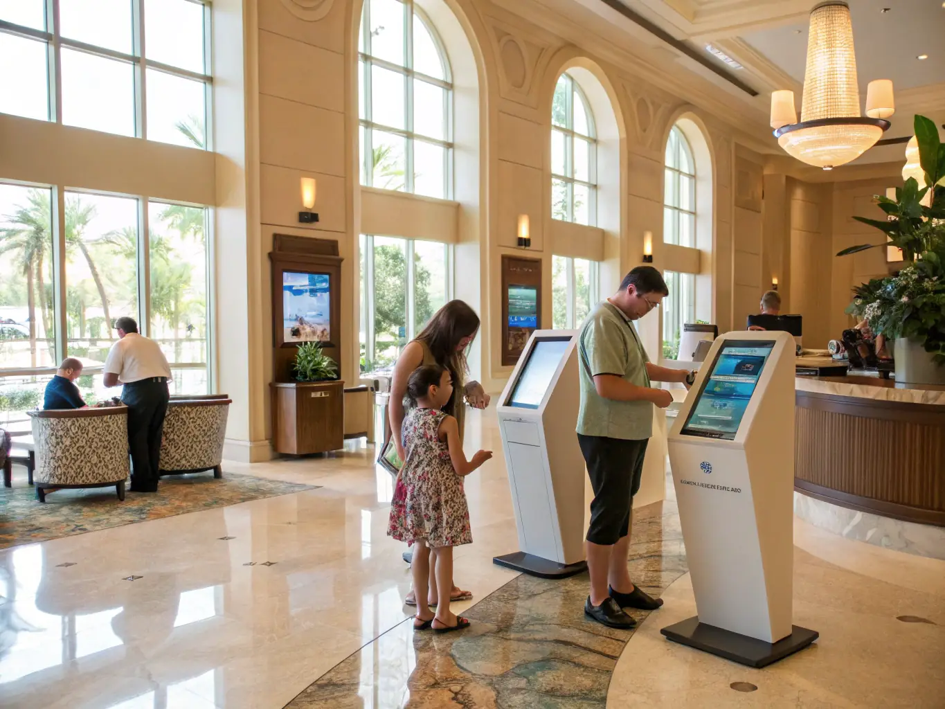A modern hotel lobby with AI-powered check-in kiosks, showcasing enhanced guest experience and reduced wait times.