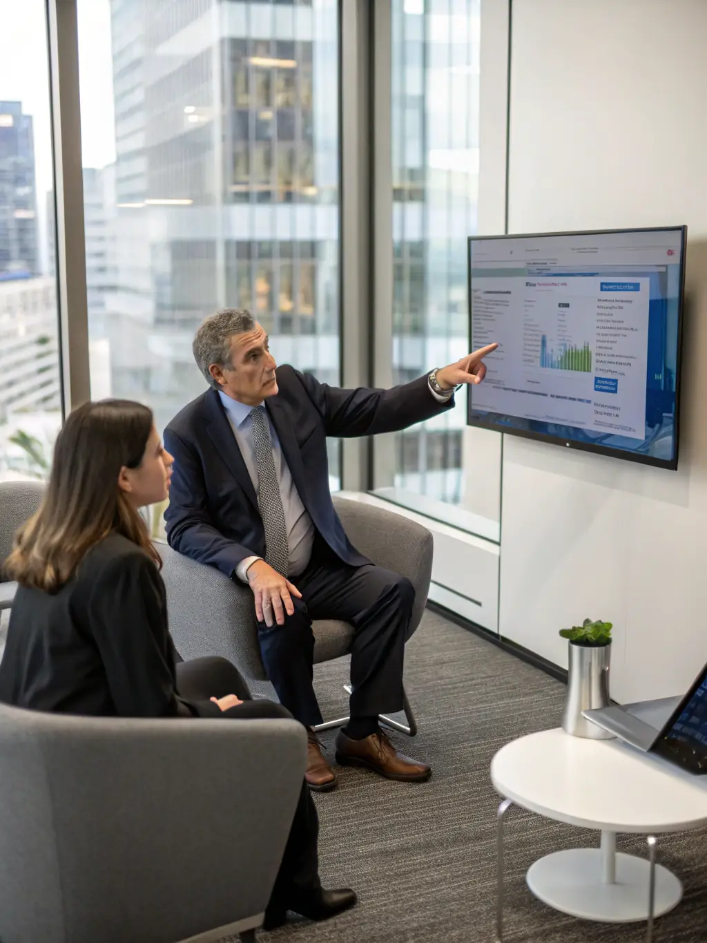 An image showing a consultant explaining AI implementation steps to a hotel manager in a modern hotel lobby.